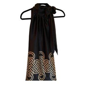 Banana Republic L Black & Tan 100% Silk Halter Top Tie Neck Geometric Pattern